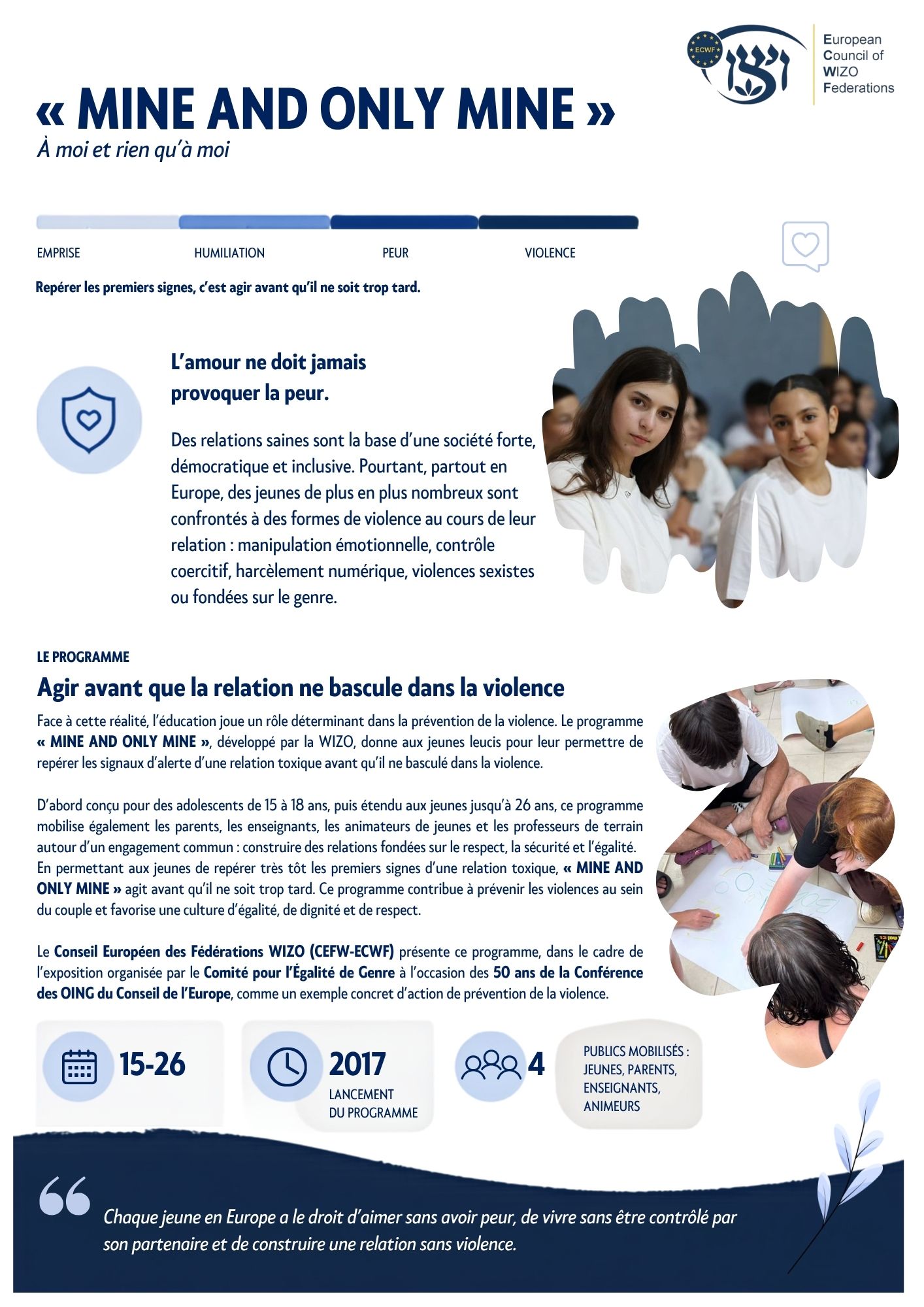 The European Council of WIZO Federations (ECWF) presents this programme as part of the exhibition organized by the Gender Equality Committee on the occasion of the 50th anniversary of the Conference of INGOs of the Council of Europe, as a concrete example of effective violence prevention in action. (English and French Version) Click the image to view the full flyer.